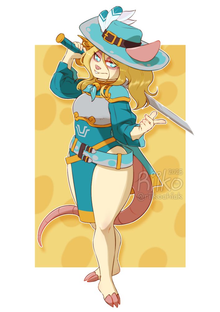 Full body artwork of Brienne, a humanoid rat lady. She's smiling and posing with a sword in her right hand, partially covered behind her shoulders. She's wearing a large hat resembling a musketeer's one.