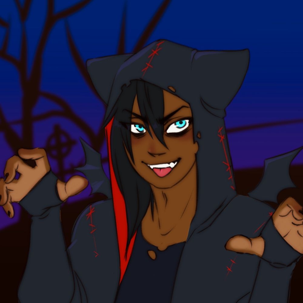 Bust illustration in flat colors of a Wakfu original character.
He's grinning and posing mischievously while wearing a black and red hoodie with small bat wings in the back.