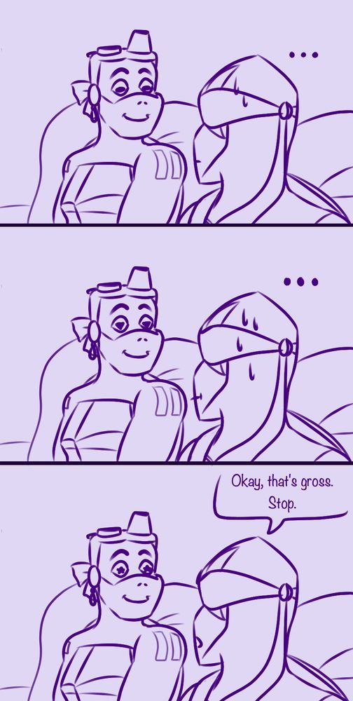 The comic continues. In panel seven, still holding the same pose as before, Donnie's eyes are now long shaped like a goats and Leo is sweating. In panel eight they are upside down triangles and Leo is pressing his lips together. In panel nine they are now star shaped and Leo says, "Okay, that's gross. Stop." 