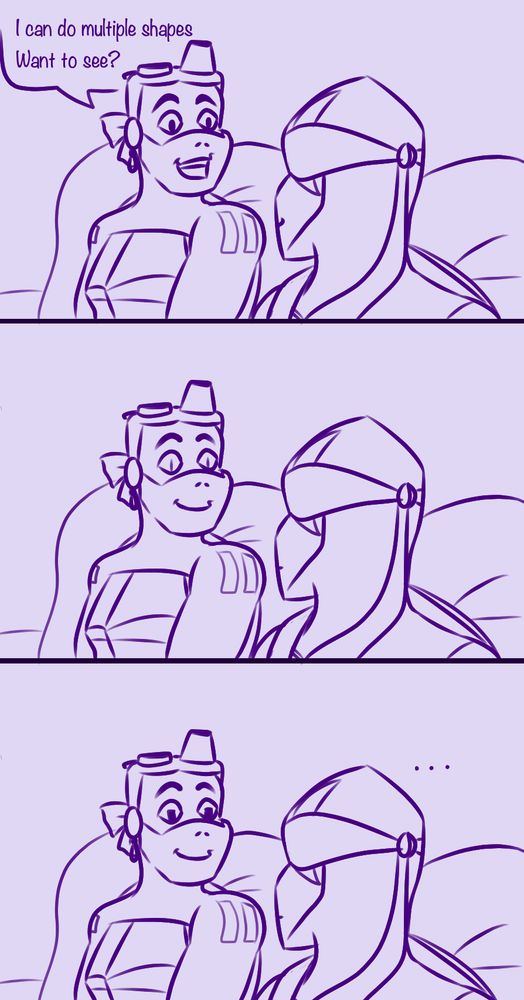 The comic continues. In panel four, Donnie turns to look at Leo, who is looking away from the camera and smiling, and smiles as he says, "I can do multiple shapes. Want to see?" In the fifth panel they hold the same pose but Donnie's pupils are slits again and Leo is no longer smiling. In the sixth panel his pupils are now square shaped. 