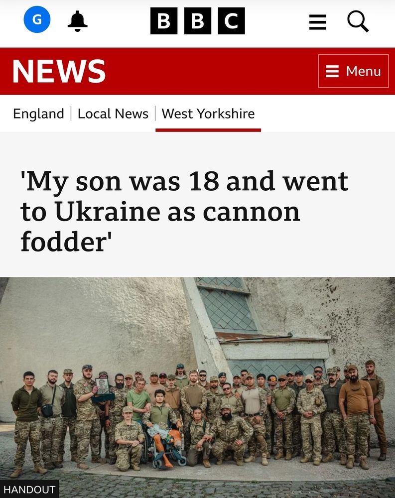Screenshot of BBC headline on the BBC website which says 'My son was 18 and went to the Ukraine as cannon fodder', includes an image of his fellow volunteers posing for a group photo