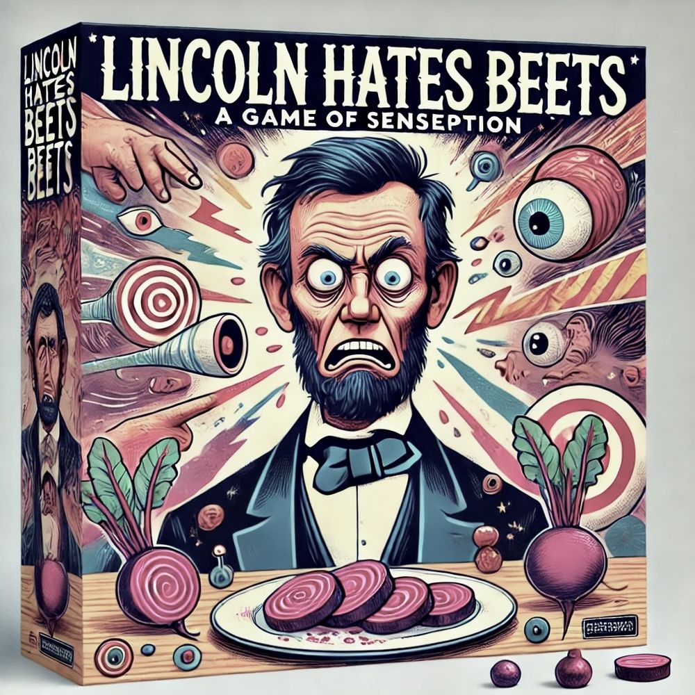 The most frightening AI-generated image imaginable (lightning bolts, disembodied fingers, etc) of a bug-eyed Lincoln and a bunch of floating eyeballs freaking out about a plate of beets. 