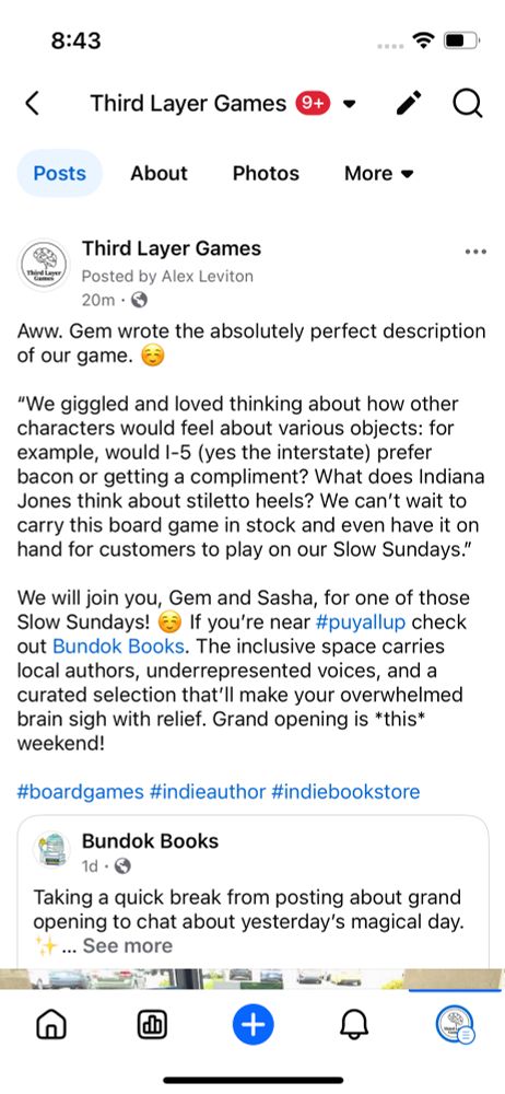 Screen image of post that reads: “We giggled and loved thinking about how other characters would feel about various objects: for example, would I-5 (yes the interstate) prefer bacon or getting a compliment? What does Indiana Jones think about stiletto heels? We can’t wait to carry this board game in stock and even have it on hand for customers to play on our Slow Sundays.”

We will join you, Gem and Sasha, for one of those Slow Sundays! ☺️ If you’re near #puyallup check out Bundok Books. The inclusive space carries local authors, underrepresented voices, and a curated selection that’ll make your overwhelmed brain sigh with relief. Grand opening is *this* weekend!