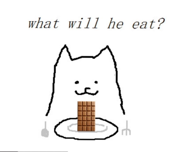 The sona of Toby Fox, sitting down infront of a plate with a fork and spoon next to it. On the plate, there is a singular chocolate bar. The text above Toby reads “What will he eat?”