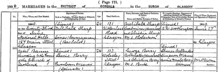 Marriage record of Christina's daughter Jessie Berry to Archibald Sharp, dated 23 June 1899, in which Christina's maiden surname is give as BUTE.