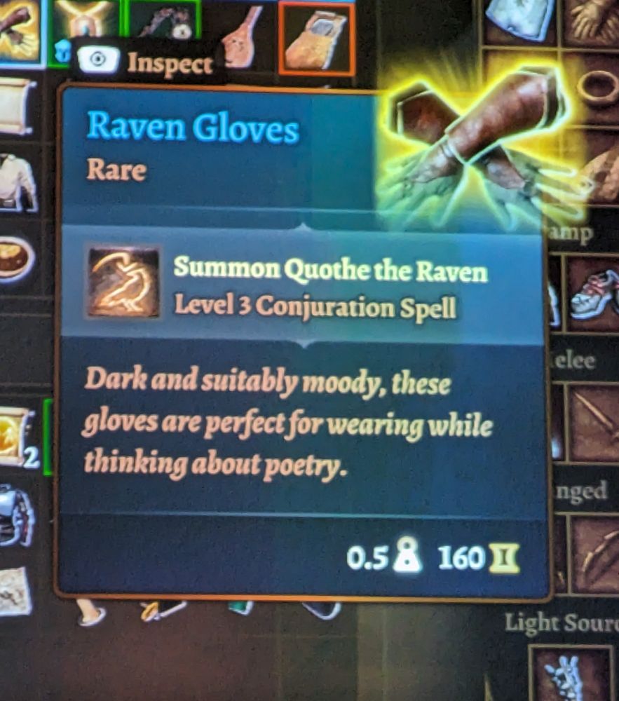 Beschreibung von magischen Handschuhen;
"Dark and suitably moody, these gloves are perfect for wearing while thinking about poetry."