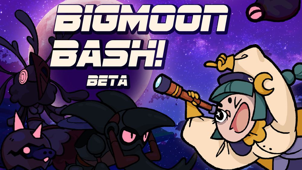 An event banner for the big moon bash featuring beasties with pink eyes, a moon in the background and a new character on the right