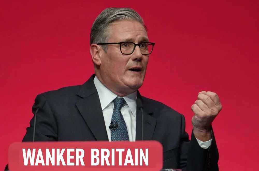 Keir Starmer apparently making the time honoured gesture for masturbation behind an obviously faked ‘Wanker Britain’ lectern sign