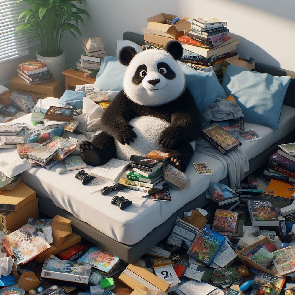 Ein Panda auf einem Bett, inmitten eines Stapels von Spielen, Büchern und CD- und Bluray-Hüllen, die unordentlich auf das ungemachte Bett geworfen wurden
(Mit KI generiert.)