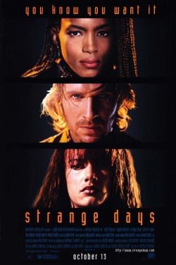 Poster for the movie Strange Days with the faces of Angela Bassett, Ralph Fiennes, and Juliet Lewis
