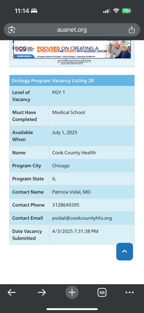 Unmatched urology residency position at cook county health and hospitals in Chicago Illinois 