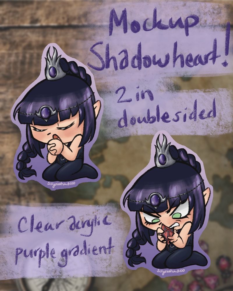 Promotional art for a 2 inch charm of Shadowheart from BG3! She’s kneeling in prayer on Side A and side B she’s struggling to get the Mysterious Artifact open. 