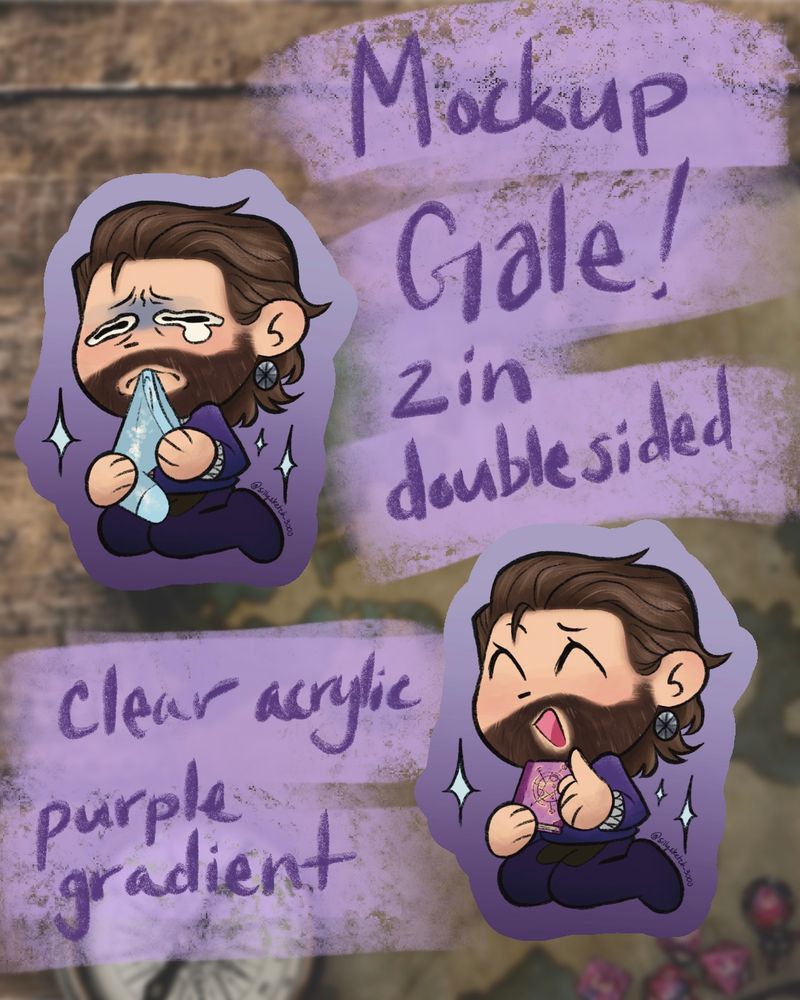 Promotional art for a 2 inch Gale charm! On side A he’s kneeling while crying and eating a magic boot (lol) and side B he’s holding a tome and happily explaining to you either something you already know or something you do not care about :)