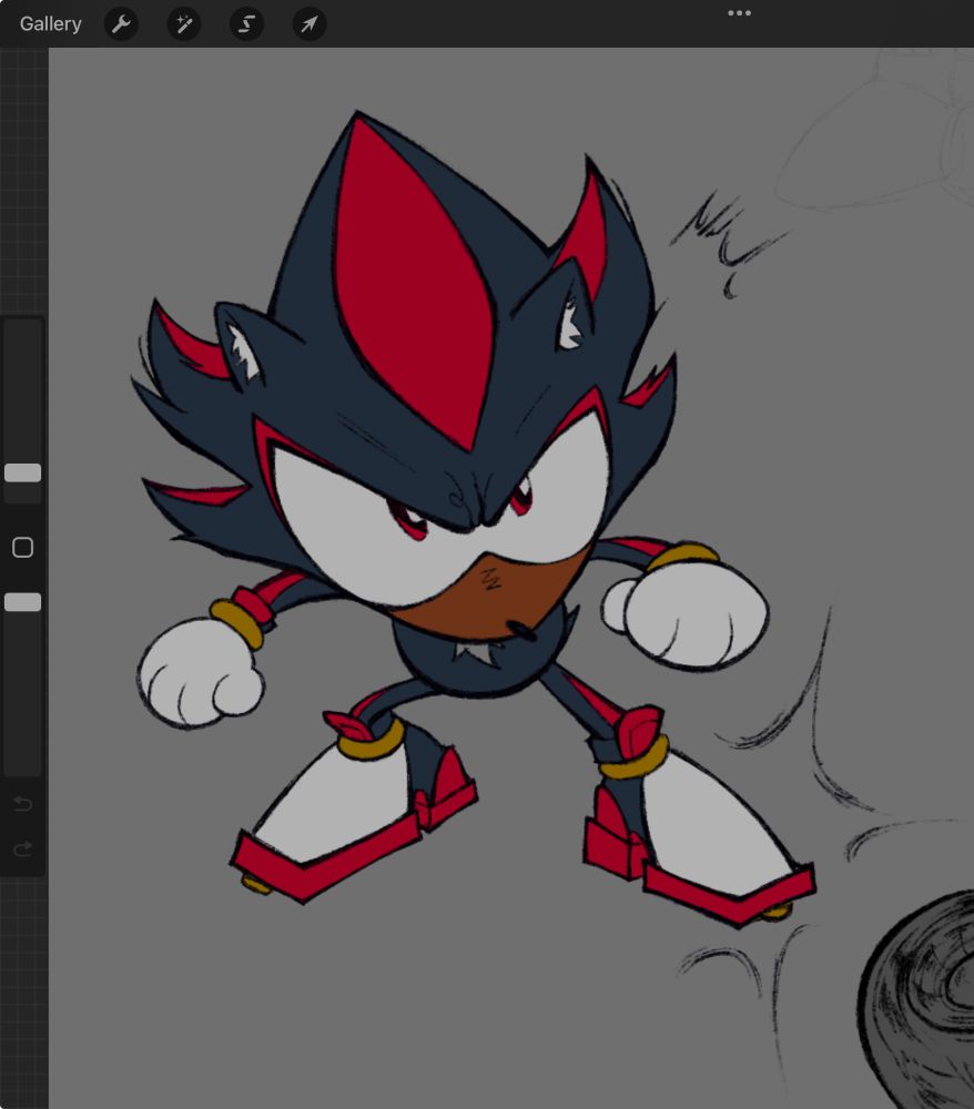 Chibi drawing of shadow but Now In Color. He’s glaring angrily at the camera in 3/4ths down perspective.