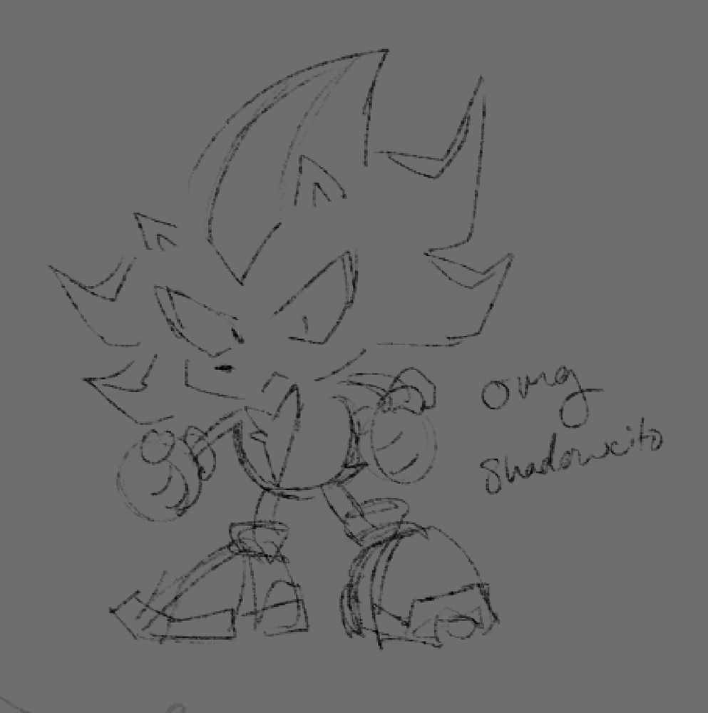 Quick doodle of shadow the hedgehog. He’s fucking tiny. Minuscule. Probably only an apple and a half tall. 