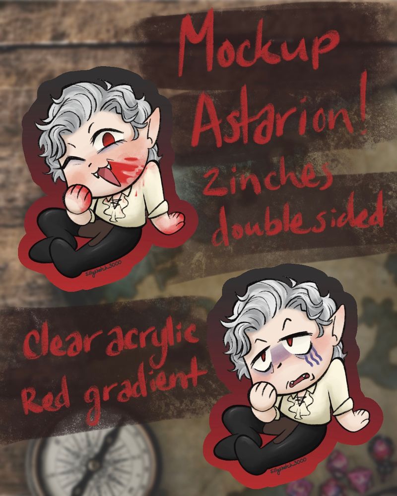 Promotional image for a 2 inch double sided acrylic charm of Astarion from Baulders Gate 3. Side A has him in a semi recline, he’s smiling and winking. His face and hands are smeared with blood. Side B is the same pose but his expression looks more like you just told him ur gonna save the orphans for Free, also there’s no blood. 
