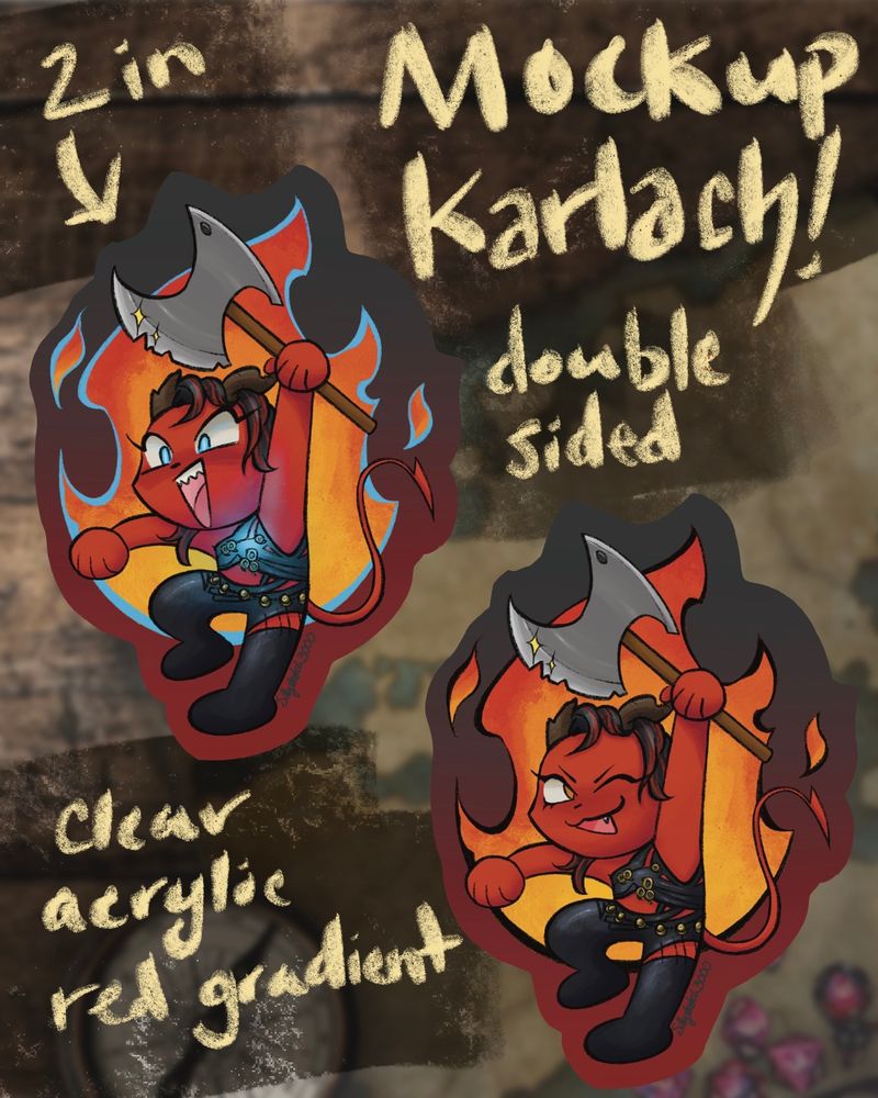 Promotional art for a 2 inch charm of Karlach from bg3! She’s brandishing an axe mid jump in front of a ball of fire. On side A she’s glowing blue and the flames behind her are outlined in blue, on side B she’s winking at you but not glowing. 