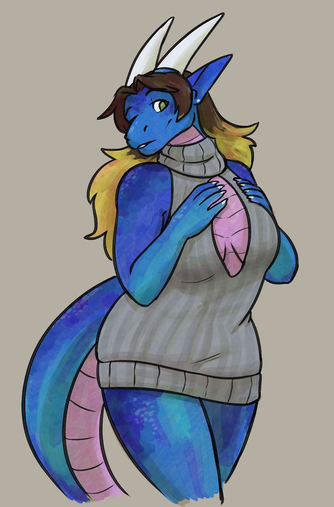 A dragon sona wearing a "virgin killer" sweater that sports a chest window. 