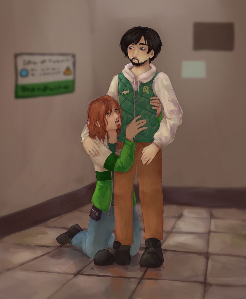 a digital painting of maksim comforting a crying warrel. warrel is on his knees, arms wrapped around maksim. maksim has his hand on warrel's shoulder, looking down at him.