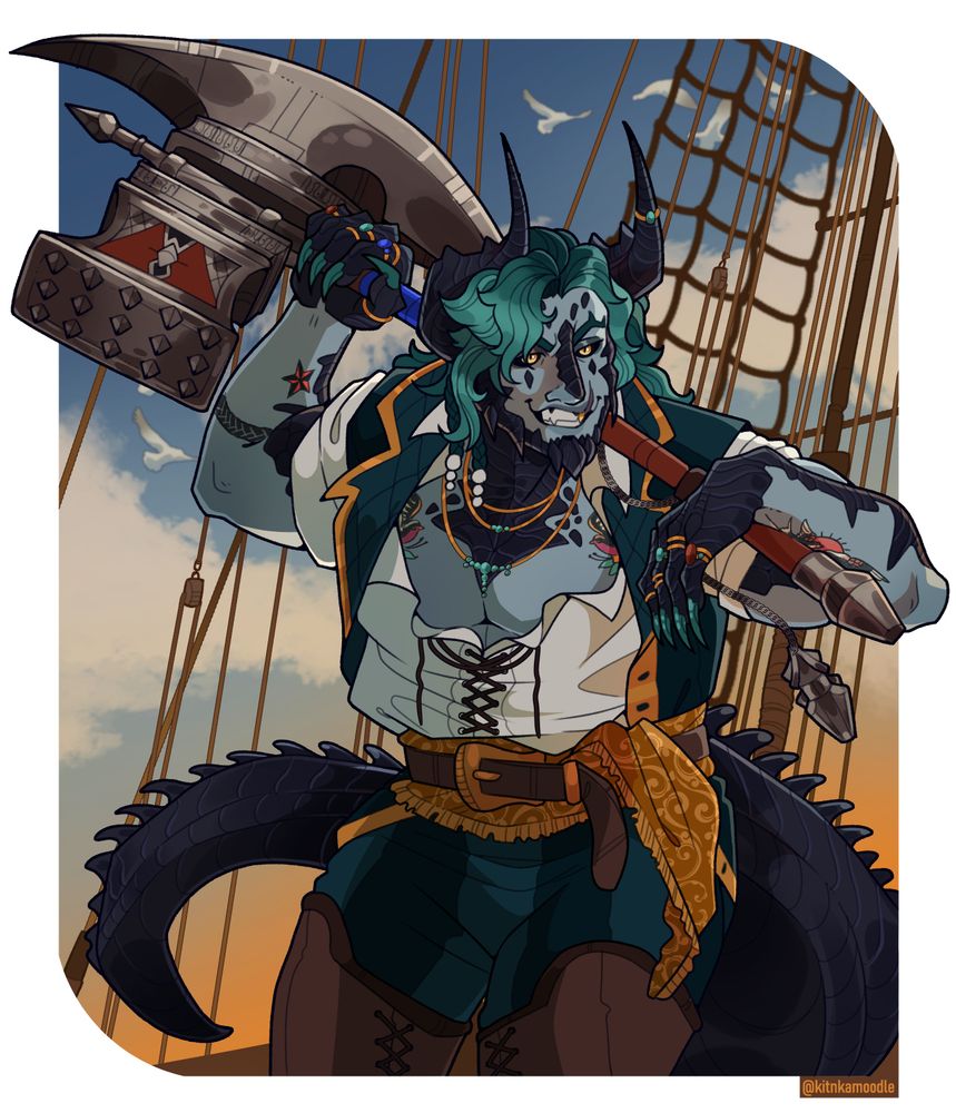A digital illustration of a FFXIV au ra. He's dressed like a pirate and wears gold, gaudy necklaces and rings. He leans forward with a sly, self-confident grin and casually rests a massive axe over his shoulders. In the backdrop behind him is ship rigging and gulls against a sunset.
