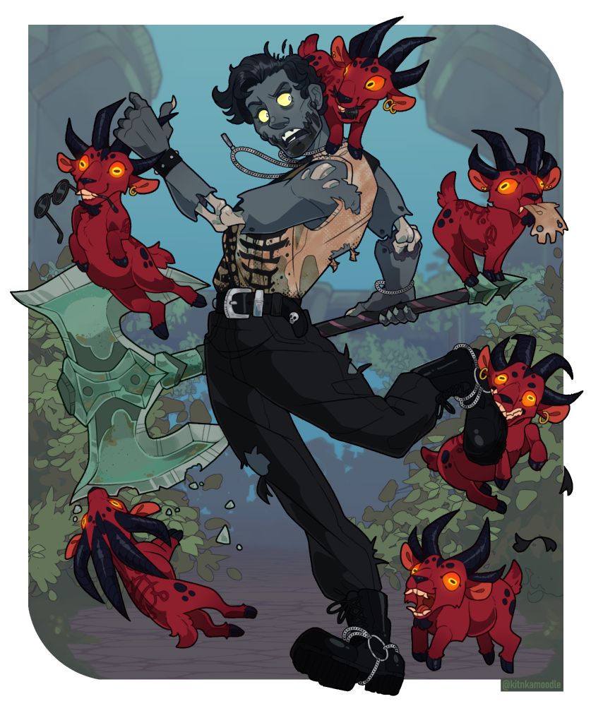 A digital illustration of a WoW forsaken being swarmed by tiny demonic goats. She's trying to run away from, kick, and pull them off of her, and they unconcernedly chomp pieces out of her clothes, axe, and hair. She looks particularly aghast and furious at the one that went after the latter.