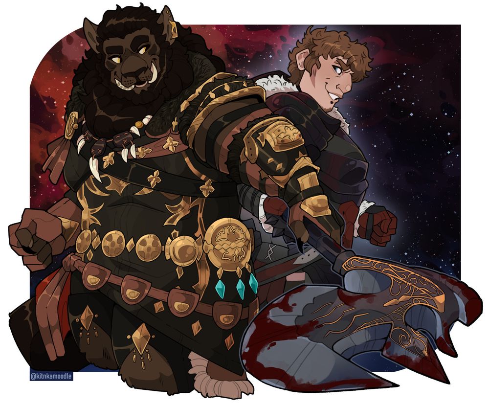 A digital illustration of a hrothgar and Ardbert. They stand with their backs to each other, giving one another confident smiles while they both hold Ardbert's axe forward.