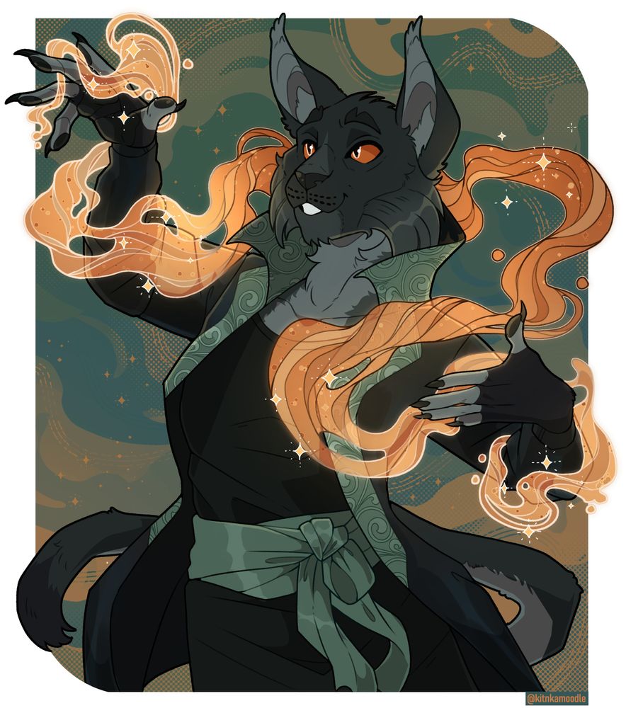 A digital illustration of a dark grey anthro cat. He wears black and green robes and tendrils of sparkling orange magic weave around his arms.
