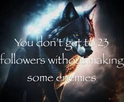 edgy wolf image overlayed with text saying "you don't get to 23 followers without making some enemies" 