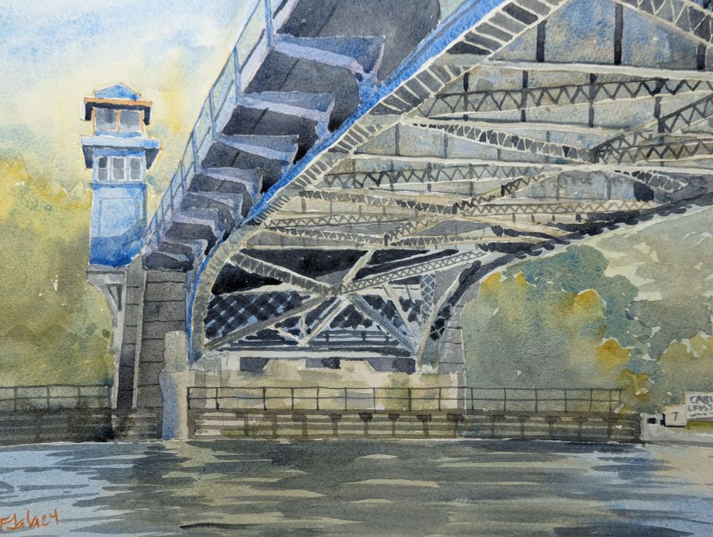 Watercolor painting of Seattle's Fremont bridge, from underneath. 