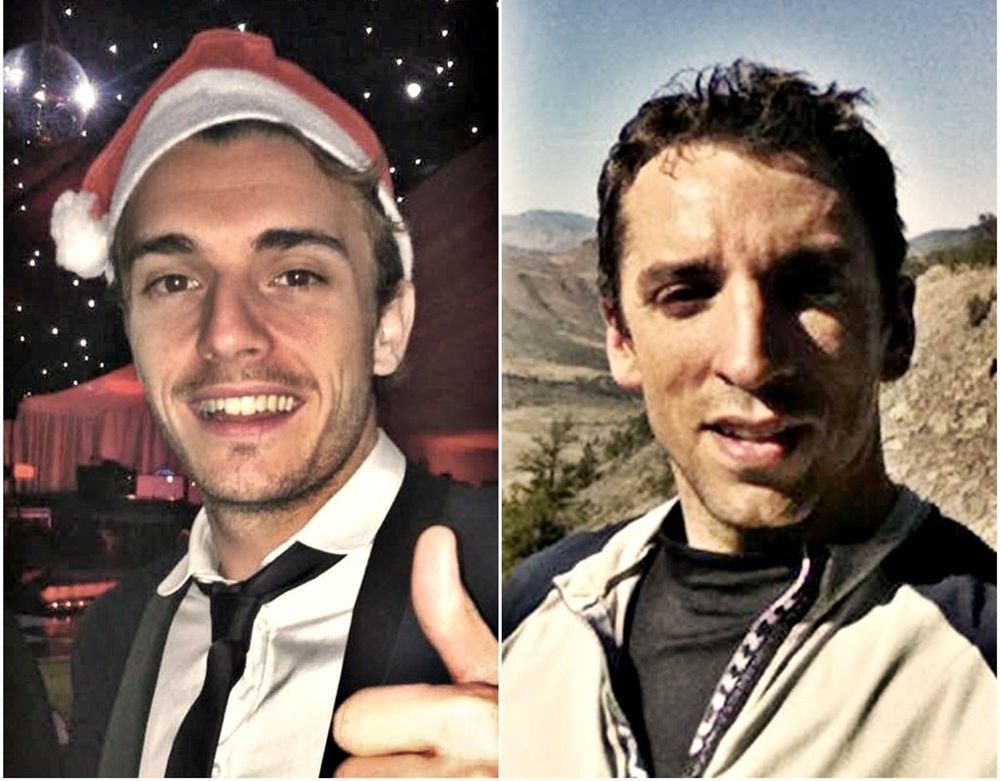 Left: Jules Bianchi wearing a suit and a Santa hat giving a thumbs up 

Right: Justin Wilson taking a selfie on a hike
