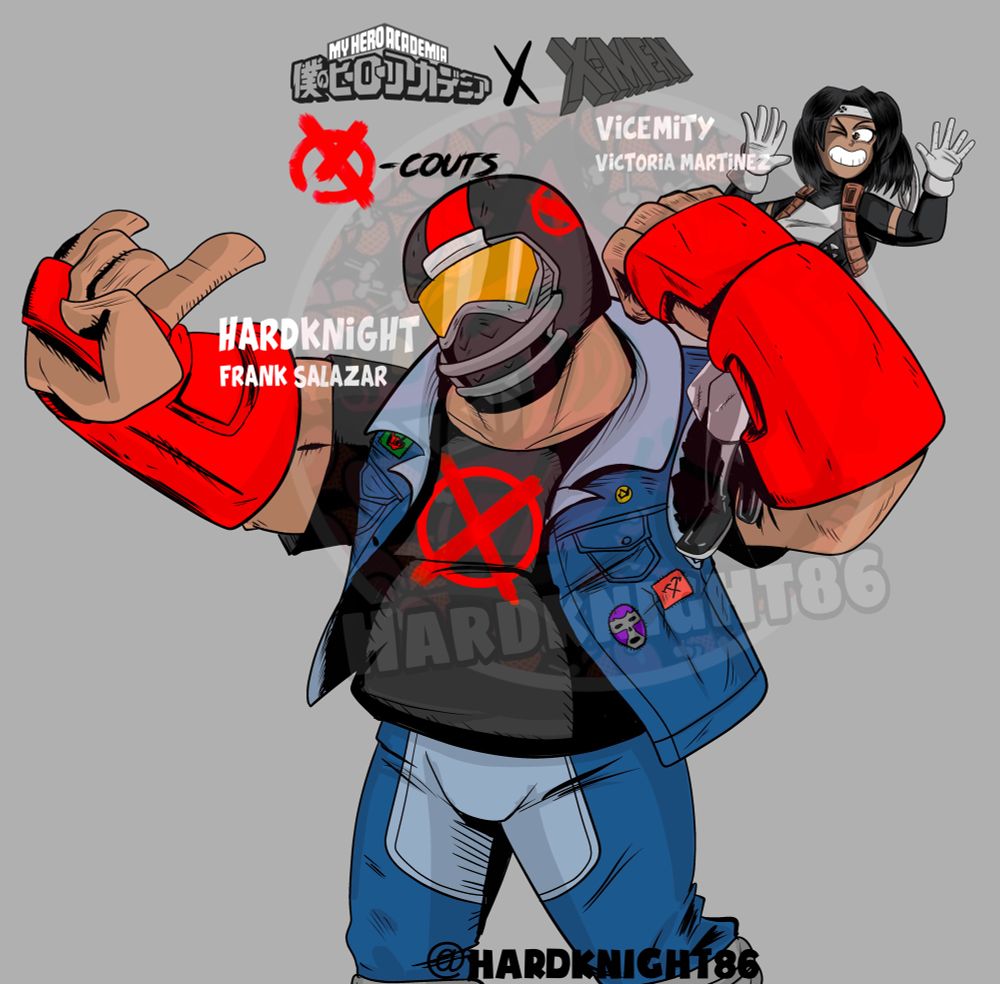 I left here some extra data about Frank and the Lore of the sentinels in a time of peace 

-just like the UA and its entrance exam is to face robots, at the Charles school the exam is to face sentinels

-the sentinel technology was frozen and acquired by the Xmen, they use some plans to create training sentinels and a range called workers that help in rescue operations-

-their operating system is simpler even so they are very difficult to defeat you must at least take down one sentinel in the exam

-Frank entered with 10 sentinels destroyed

-Frank despite having enormous strength and looking intimidating is very good-natured his taste is art and rock

-his vest has a speaker to play music at a high level

-Frank before joining the exam he was arrested since it is believed that he had killed his mentor (he did not do it his mentor was a very honest hero)

-he likes to compete against bakugo just to annoy him

-he along with his girlfriend victoria has 8 books with notes, punishments and sanctions (they are looking to break a record) 

-he has a big mouth

-Frank's American helmet was created by arni, he has a mouth modulator, every time Frank says something rude, since he says a lot of things and he always says what he thinks in a crude and extravagant way to the media and other heroes, the helmet will make a -beeeeep- of the rude things (he is strictly forbidden to speak to the press) 

-He sings horribly 

-He cooks in the group and hates when they waste food 