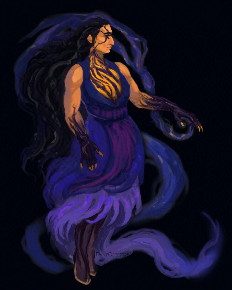 Digital painting of a muscular woman casting magic. She has dark long wavy hair, magic markings on her face, hands and body. She is wearing sleeveless blue dress