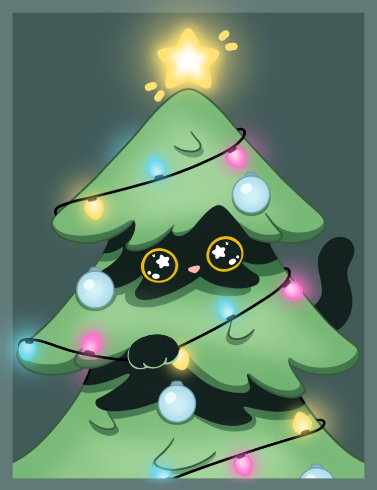 Drawing of a christmas tree. You can see a black cats eyes in the shadows, a paw on the string of lights and a tail sticking out. String lights in yellow, pink & blue, with a yellow glowing star tree topper and light blue round ornaments.