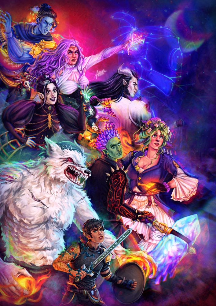 Group illustration of the character from the Critical Role campaign, Bells Hells