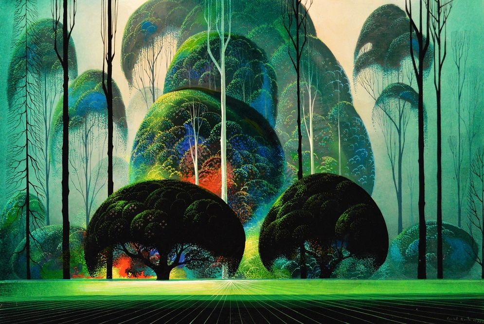 Landscape painting by Eyvind Earle depicting a landscape of striking stylized trees of deep dark greens with touches of blue, yellow, red, and purple. The trees are dark and bold at the front and then fade to a delicate and mysterious shapes in the mist as you progress back into the painting. 
