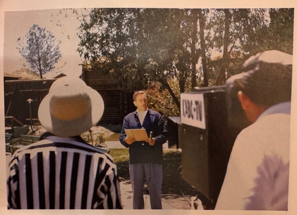 View of Frontierland at Disneyland in California. From opening day July 17 1955. Picture of Walt and camera giving a behind the scenes look at the live broadcast from Disneyland. From Aaron Goldberg’s book Presenting Disneyland: Forgotten Photos from Opening Day