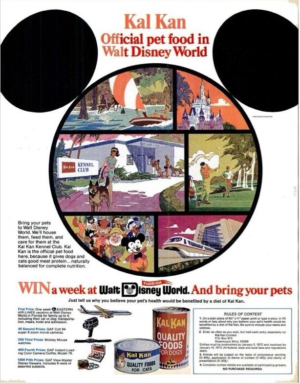 Print Ad from 1971 for the Kal Kan dog food. Features a large Mickey Mouse shape with scenes of the fun offerings at Walt Disney World. Kal Kan dog food was the official sponsor of the Kennel Club at Walt Disney World. The ad was for a contest to win a week at Walt Disney World for you and your pets. 