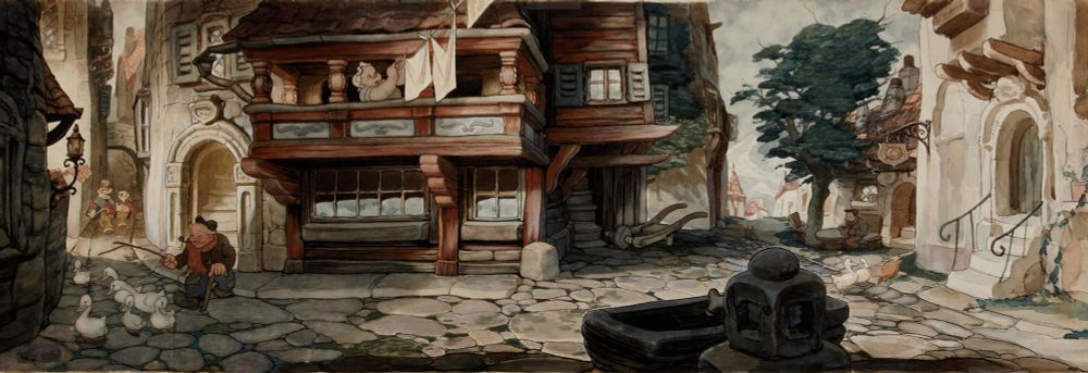 Disney’s Pinocchio (1940) concept art by Gustaf Tenggren. It depicts a village street with villagers walking around and tending to their tasks. 