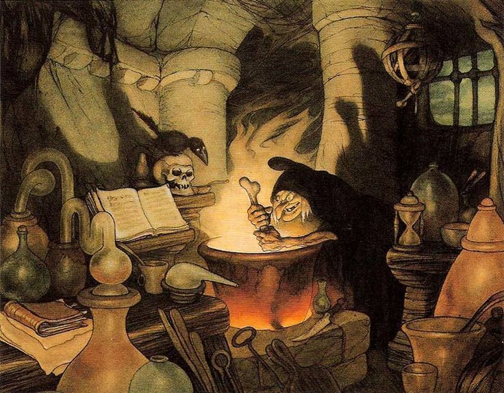 Disney’s Pinocchio (1940) concept art by Gustaf Tenggren. It depicts the Evil Queen after she has turned herself into an old woman stirring a potion in her cauldron. She is surrounded by various flasks and tubes filled with colorful liquids. 