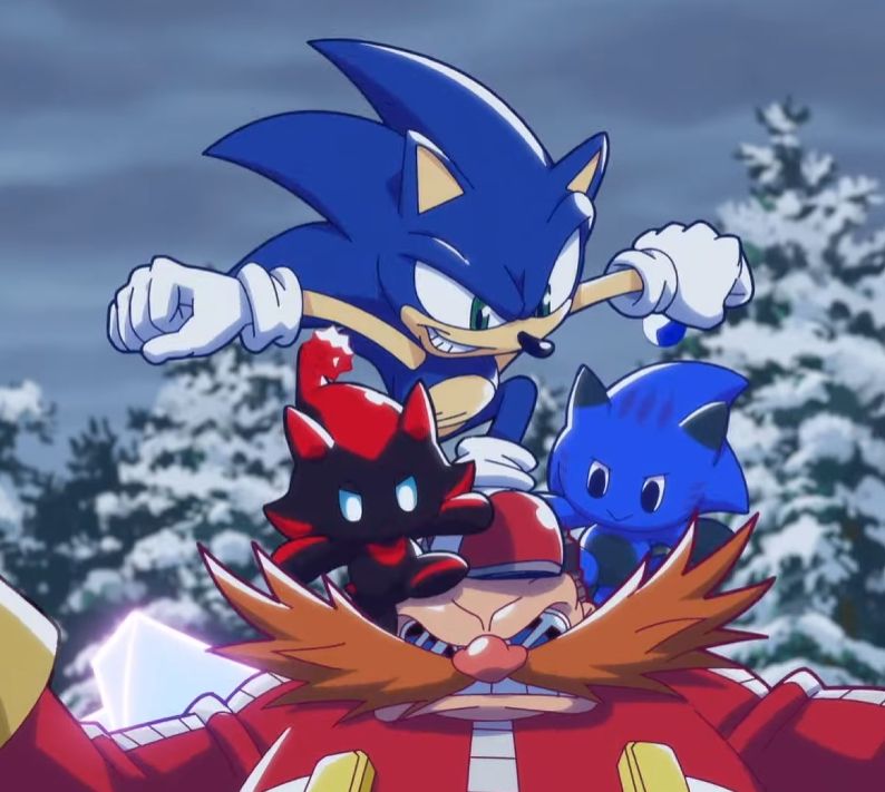Shot from Chao Tales. Sonic, and two Chao near him, are stomping on Eggman's head.