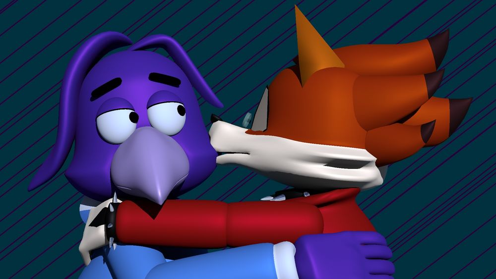 A 90's CGI inspired render of Spiff (my fursona) and Red (@redwolfe.is' fursona) hugging. Red is giving Spiff a kiss on the cheek.