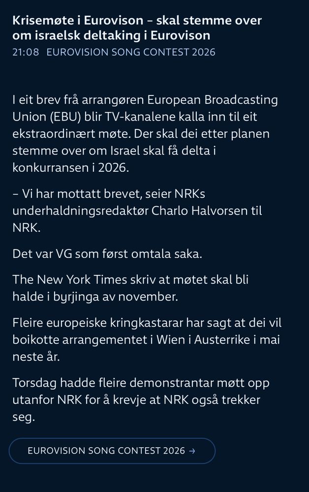 Skjermbilde fra NRKs sak om at EBU har innkalt til krisemøte - skal stemme over israelsk deltaking i Eurovision 