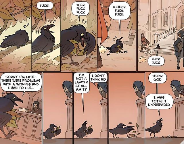 A comic strip in which a crow wakes up in a panic, only to later find out that it is not, in fact, an unprepared lawyer.