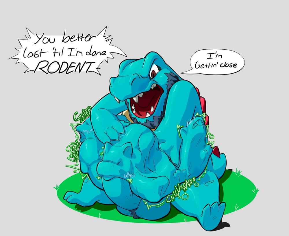 [cw: vore] King the Totodile with a belly full of rattata. His pressing one of the ratatta onto his cock, forcing it to pleasure him through his belly.