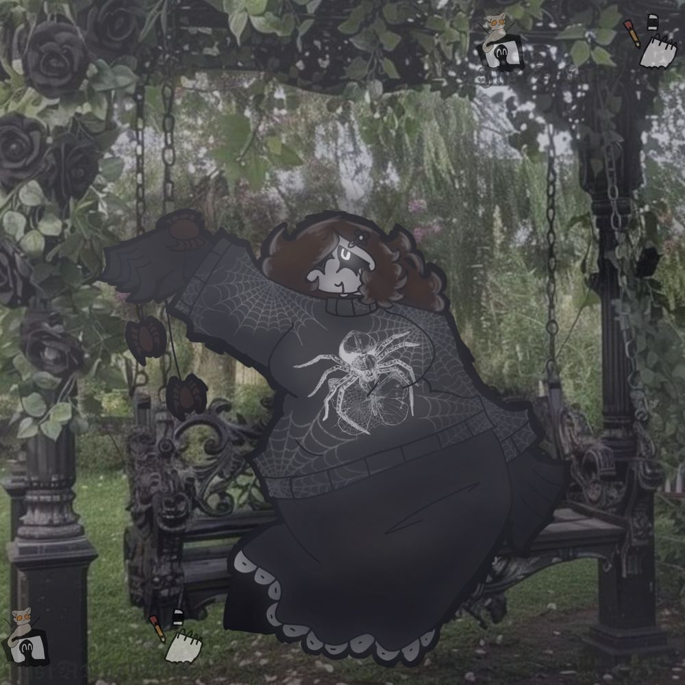 My oc, jitterbug, holding spiders in a garden