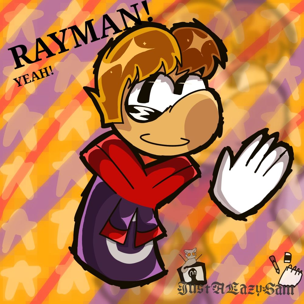 Fanart of a character named rayman, a guy with magical ginger hair, a red and purple hoodie with a white circle on the front, and floating limbs
