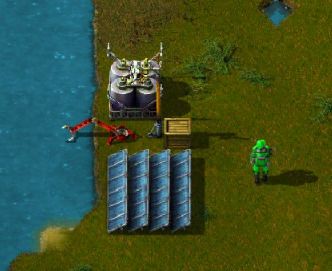a factorio auto fishing setup with a big claw to scoop up fishies, powered by the sun and a battery bank