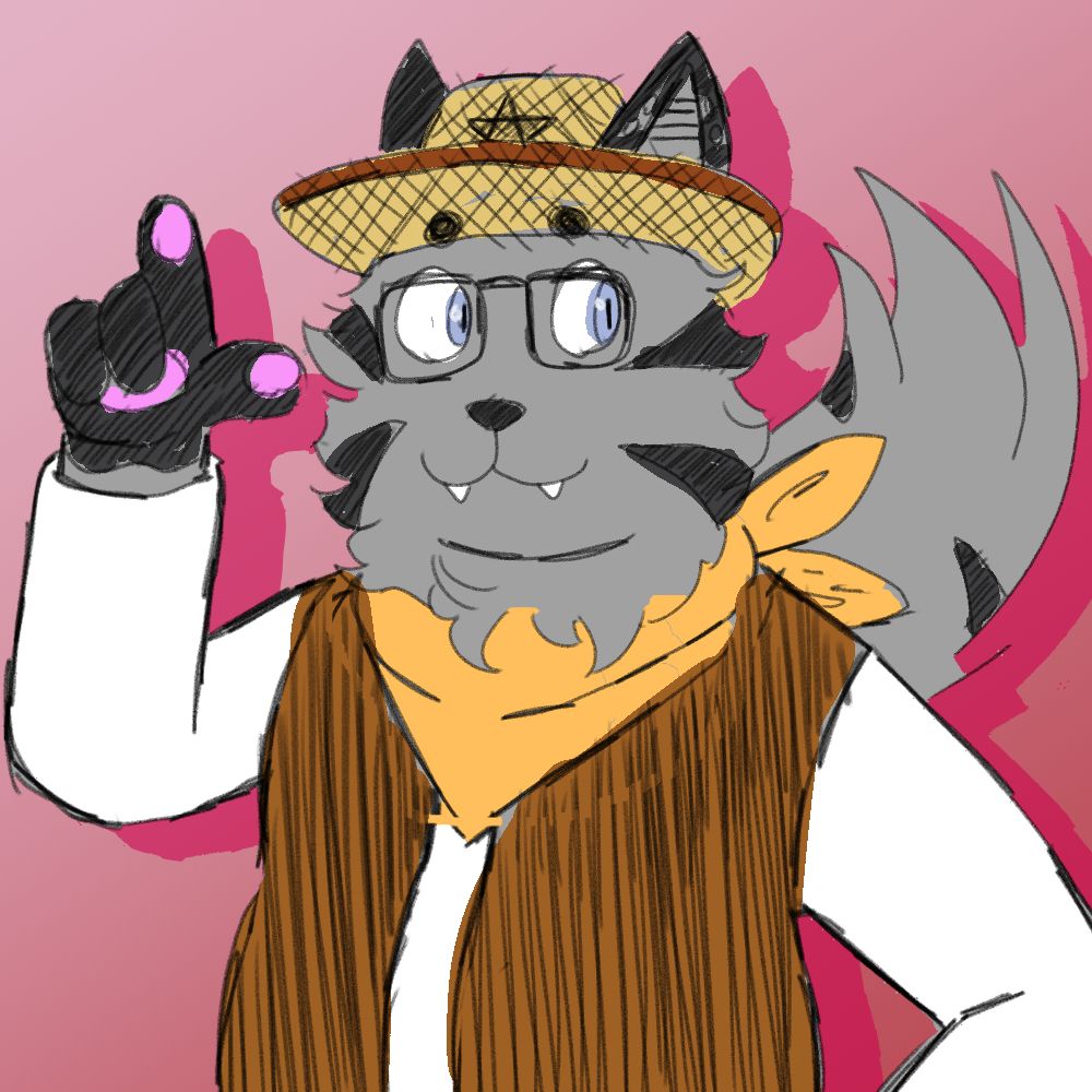 A gray tabby in cowboy gear points his paw towards the sky like a gun, hand on his hips.