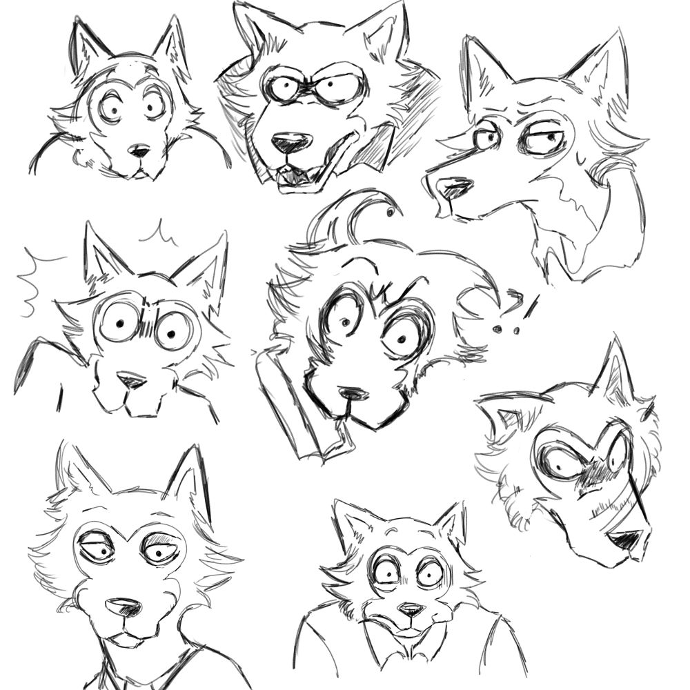 A bunch of various expressions of Legoshi, based on panels from the manga
From left to right, top to bottom:
mildly surprised, aggressive, slightly dismayed, very shocked, confused, furious, happy, and embarrassed