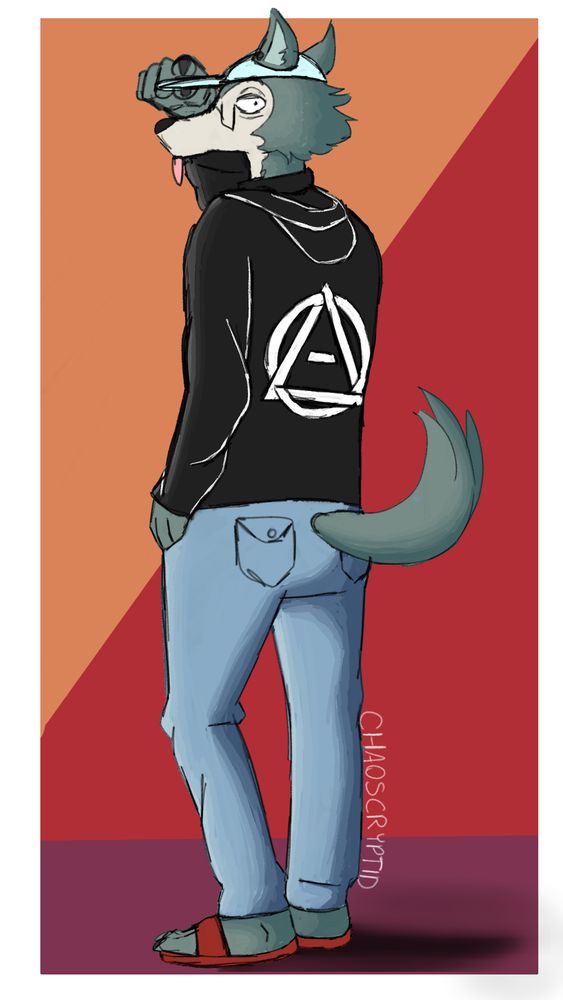 Tygoshi wearing a therian hoodie and cap, paw on the brim of the hat, and jeans. He's looking over his shoulder.